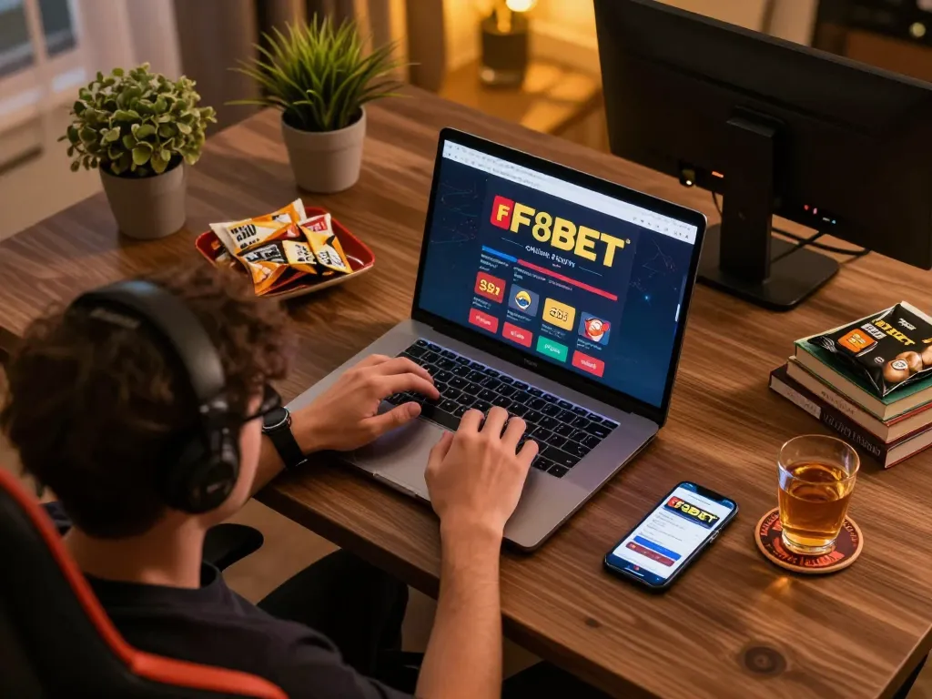 Engaged player focusing on F8BET online casino interface for strategic gameplay.