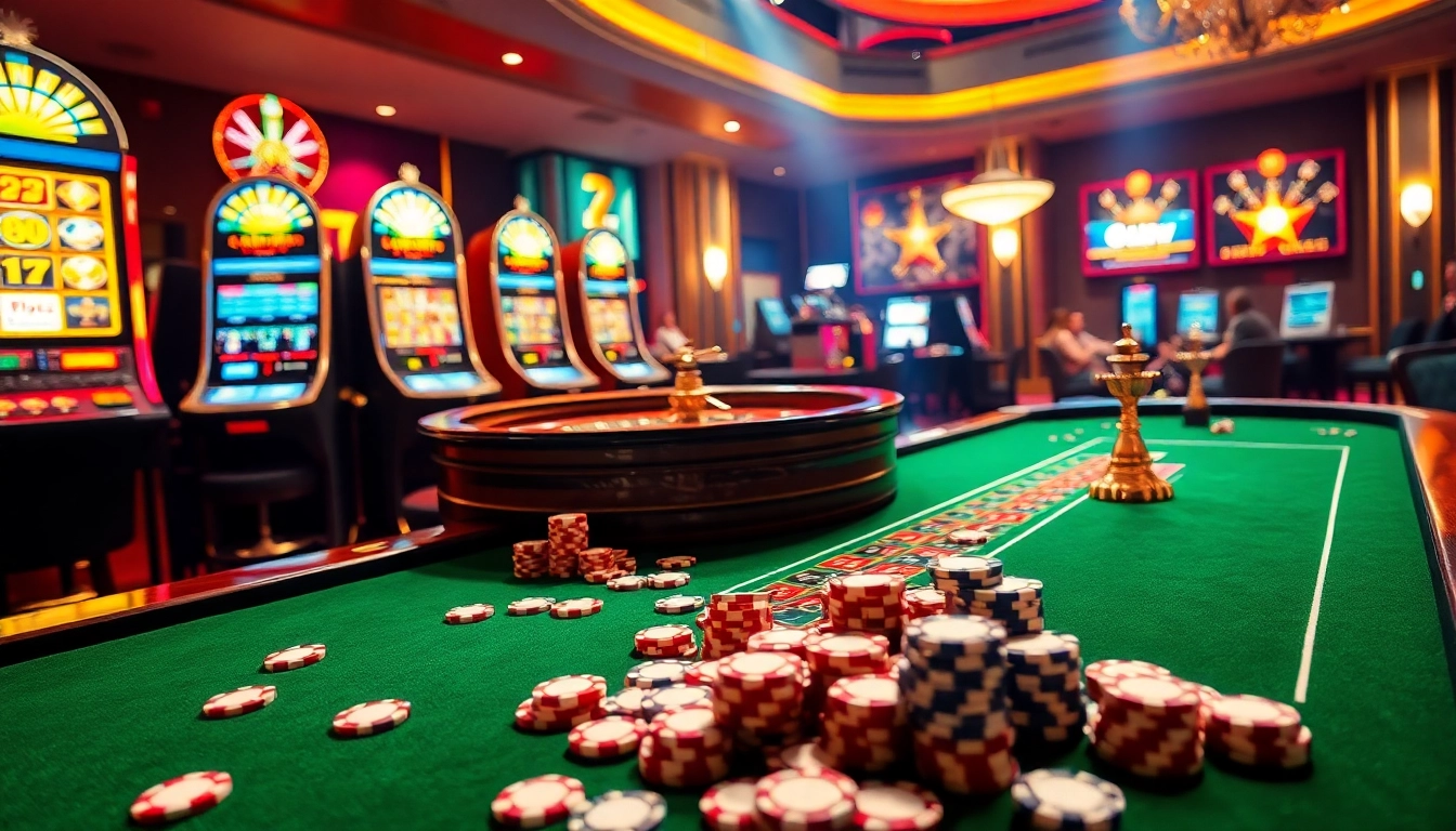Experience the excitement of idn slot machines in a luxurious casino setting with vibrant lights and engaged players.