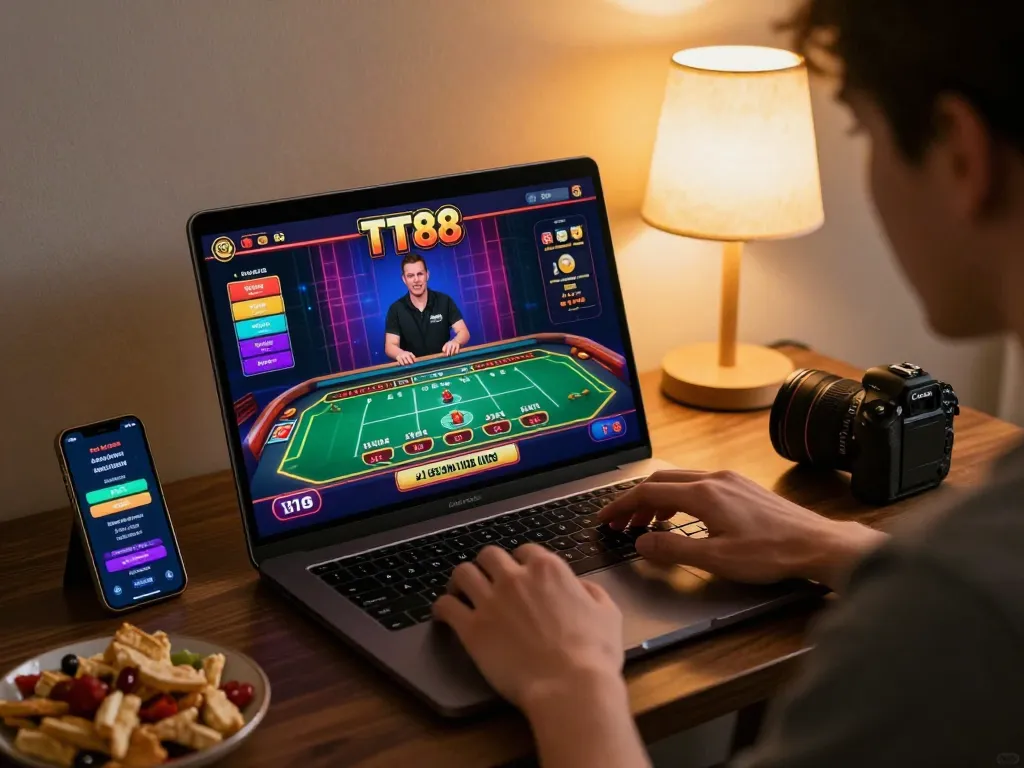 Exciting online gaming experience with TT88 platform on laptop, user engaging with live casino ambience.