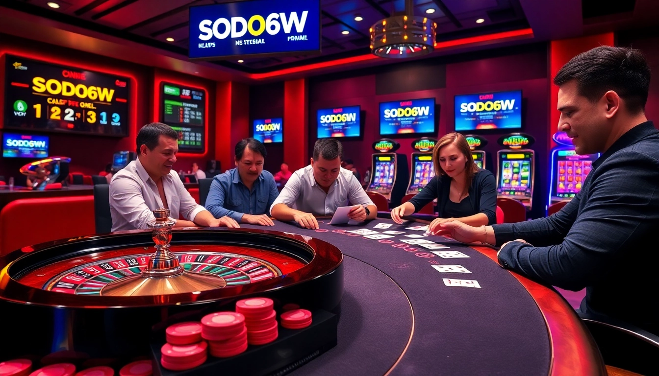 Engaging players at a SODO66VN casino table with cards, chips, and excitement.