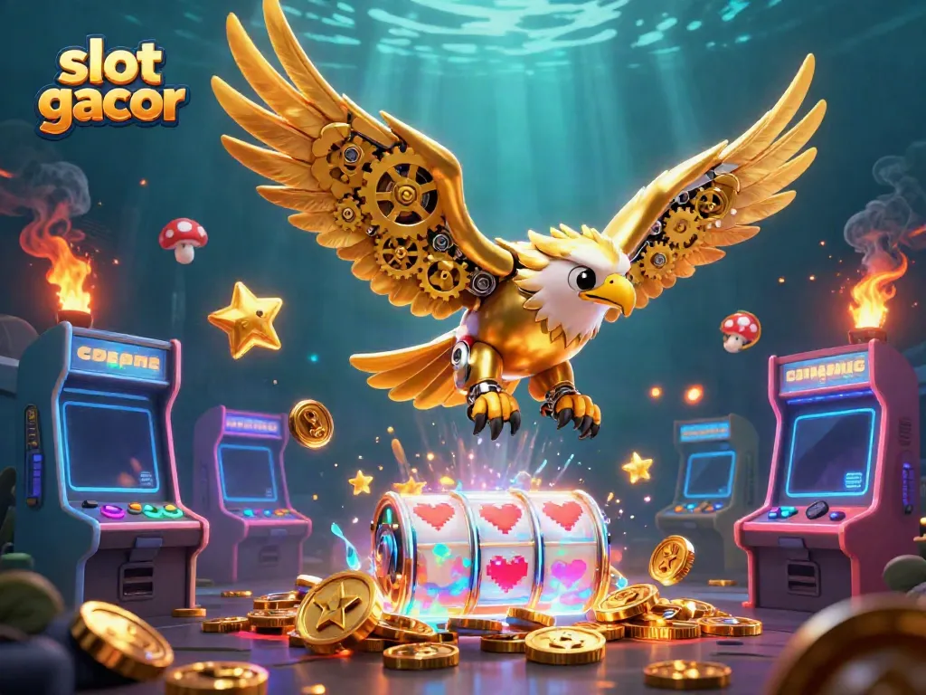 Visualisasi simbol slot gacor dengan elang emas futuristik di tengah permainan kasino, menang dengan saldo besar.
