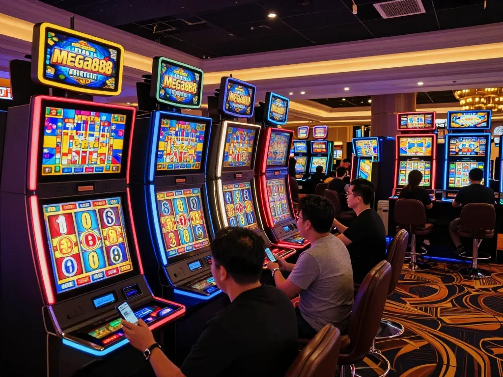 Babak menarik pemain menikmati mesin slot kasino sambil berusaha untuk memuat turun aplikasi mega888 untuk pengalaman permainan yang lebih baik.