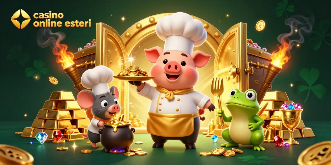 Scena coinvolgente di casino online esteri che mostra il chef maiale, il sous-chef topo e il critico rana con monete d'oro.