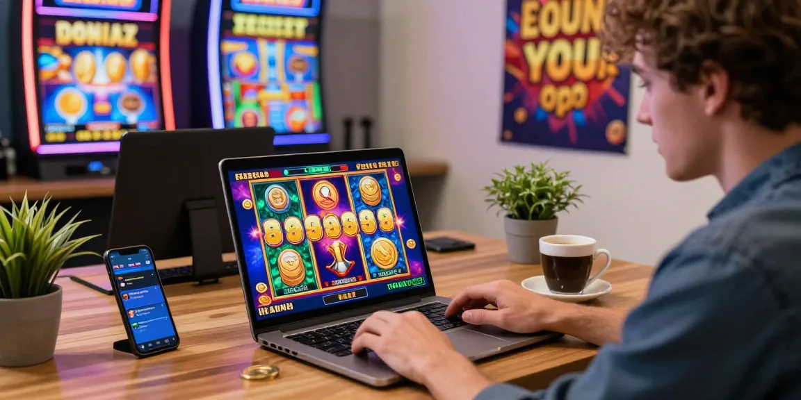 Engaging player enjoying bonus buy slots UK on laptop in vibrant home office environment.