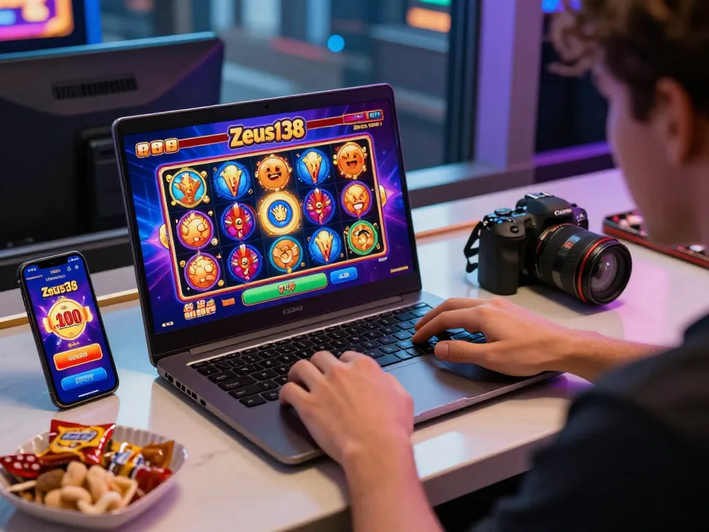 Player enjoys Zeus138 online slots on a laptop with vibrant graphics and gaming snacks.