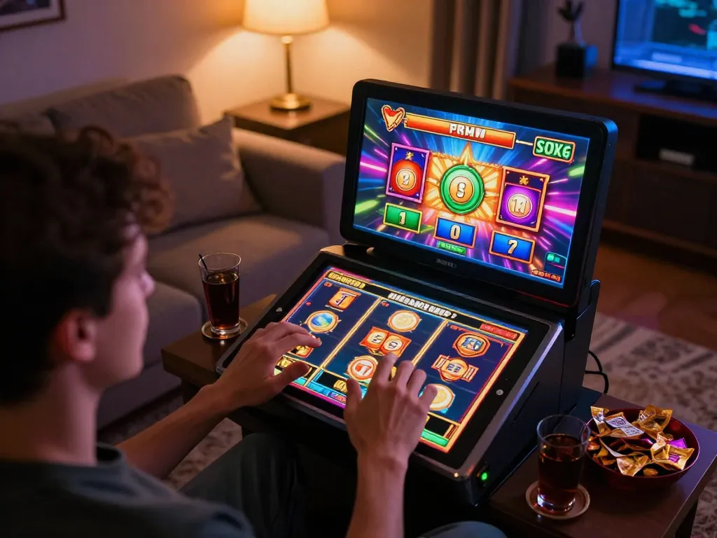 Engaging gameplay on TG88 as a player enjoys spinning slots on their tablet in a cozy setting.