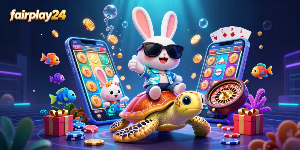 Experience thrilling wins with fairplay24, featuring the lucky rabbit and golden turtle in a vibrant gambling scene.