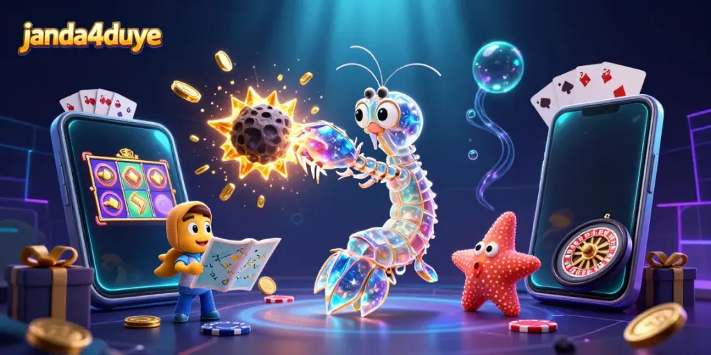 Janda4duye menciptakan momen seru dalam ilustrasi kasino dengan samurai udang mantis yang mengalahkan asteroid.