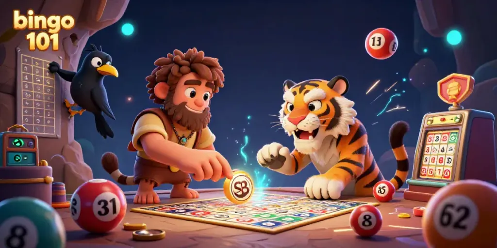 Engage with Bingo 101 in a lively 3D cartoon scene featuring characters playing bingo, surrounded by vibrant elements.