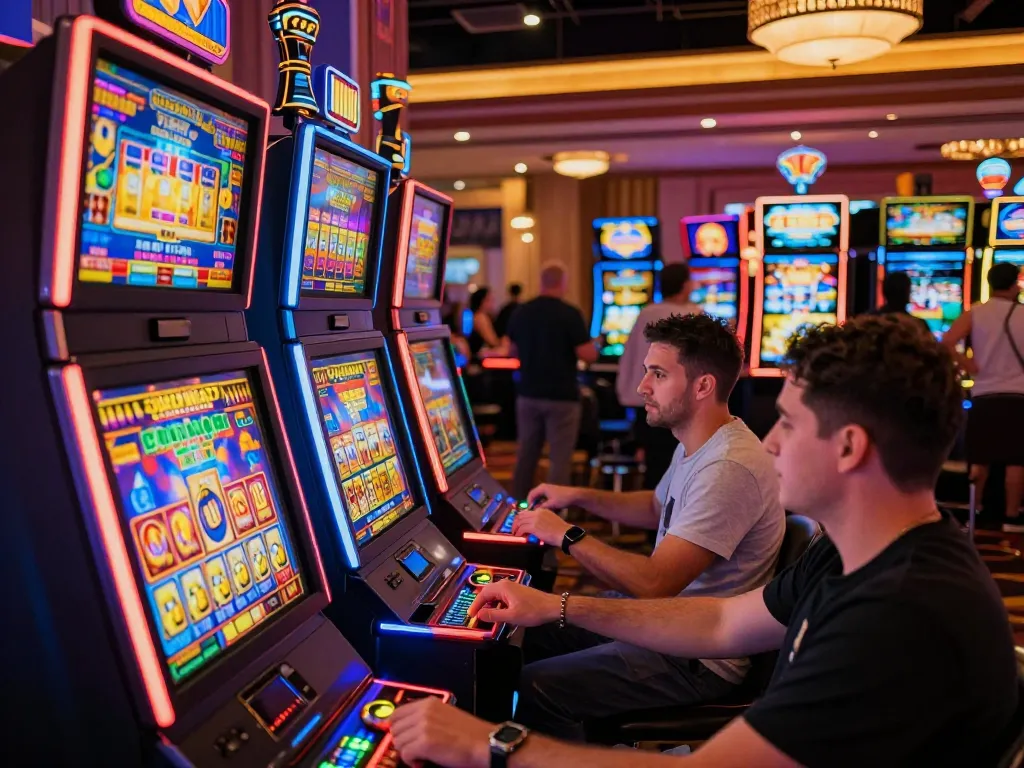 Permainan mesin slot yang menarik di kasino yang ramai menunjukkan kegembiraan bandar togel.