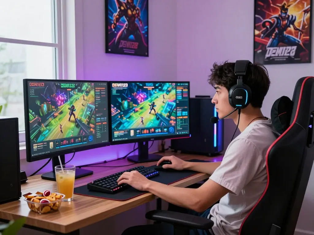 Gamer engaging with DEWI123 gaming platform in a vibrant home setup.