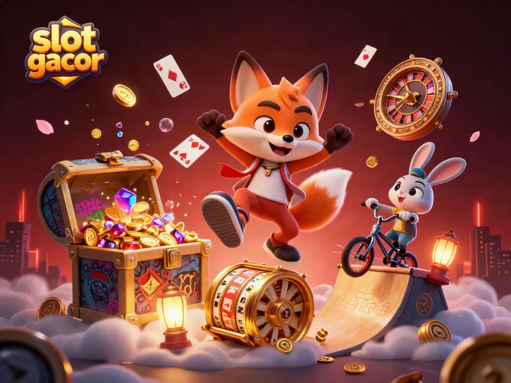 Permainan slot gacor dengan karakter kartun, koin emas dan simbol kasino yang menghibur.