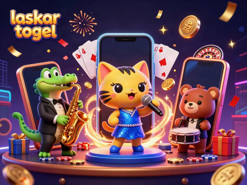 Laskar Togel: Engaging casino scene with cartoon characters and slot game elements.