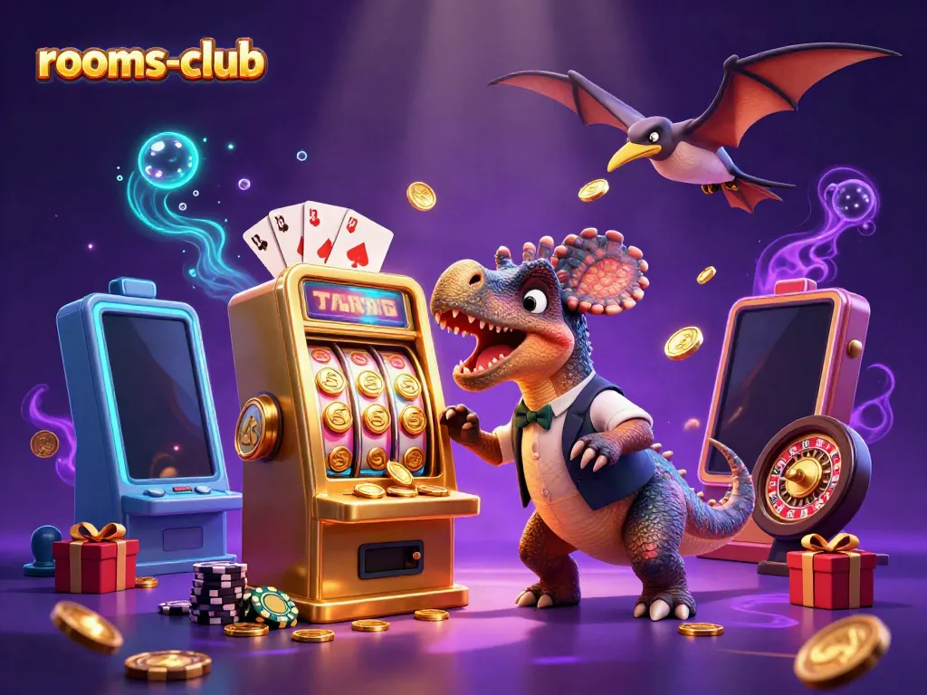 Slot jackpot dari rooms-club dengan kartun dinosaurus dan efek kasino yang menakjubkan.