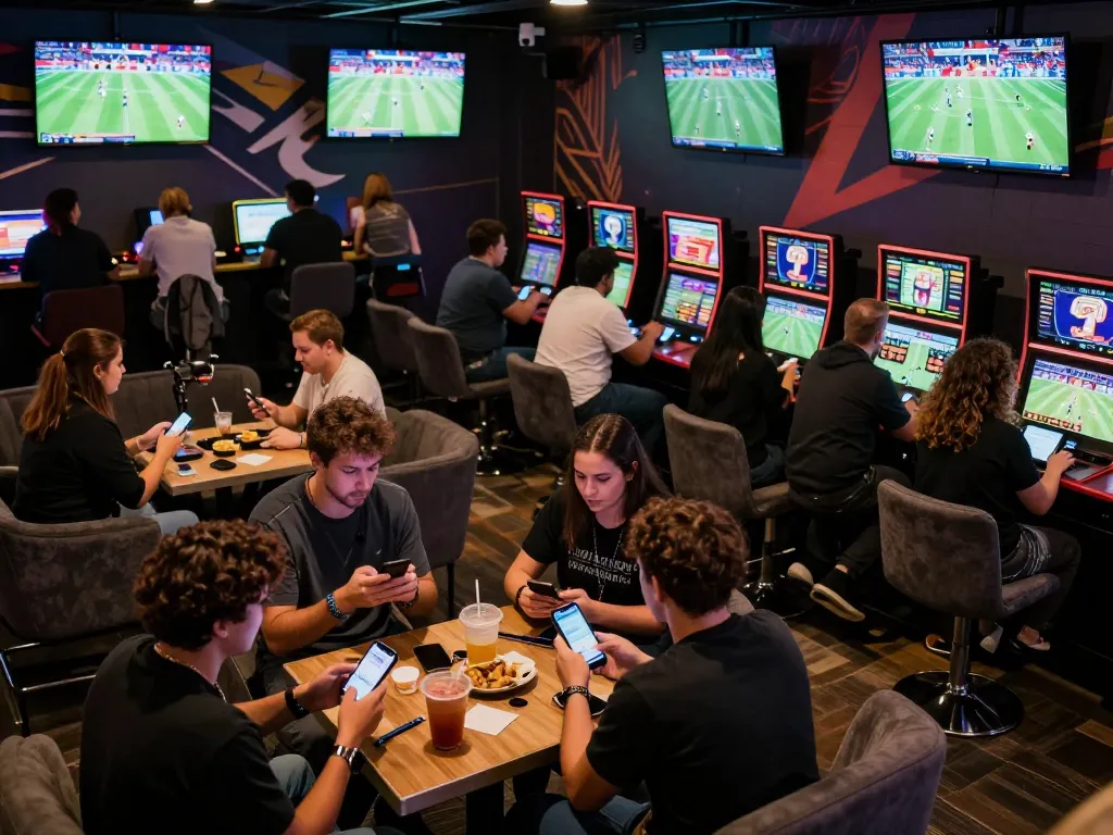 Engaged fans placing cược thể thao bets in a lively sports betting lounge