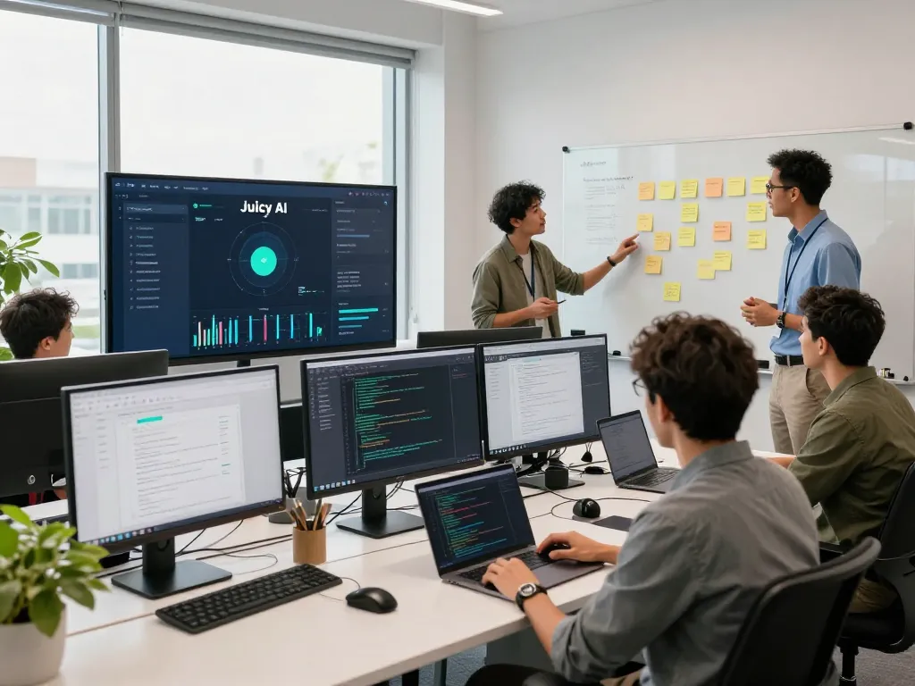 Team collaborating in a tech workspace using juicy ai interface on display, showcasing innovation.