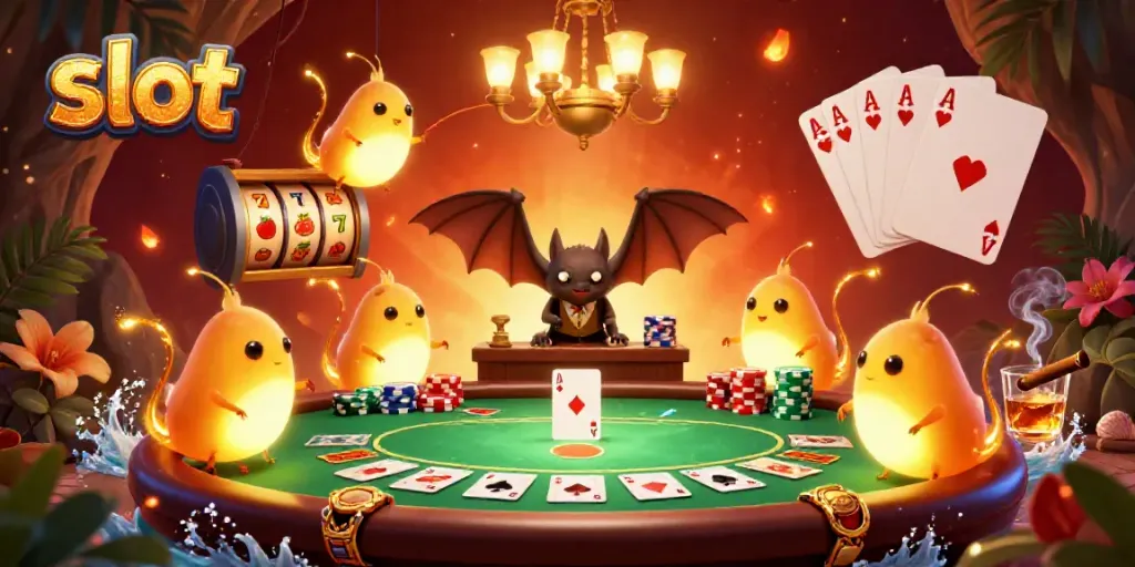 Experience thrilling slot action in a vibrant cave casino illuminated by glowworms and a bat dealer.