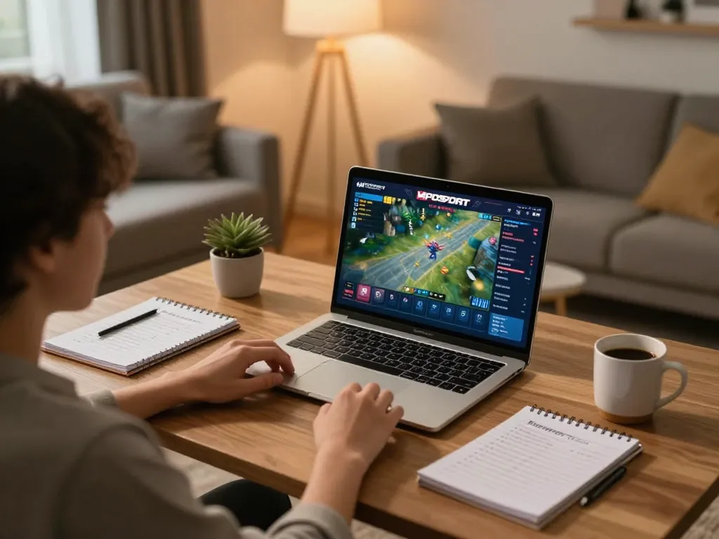 Engaged player enjoying MPOSPORT Slot game on laptop at home desk, demonstrating strategic gambling with tonysitaliancuisine.