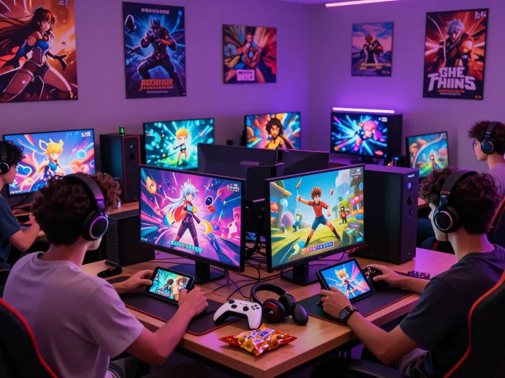 Engaging scene of players enjoying porngames in a cozy gaming lounge with vibrant visuals.