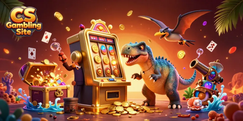CS Gambling Site scene with pachycephalosaurus and ankylosaur celebrating a jackpot win