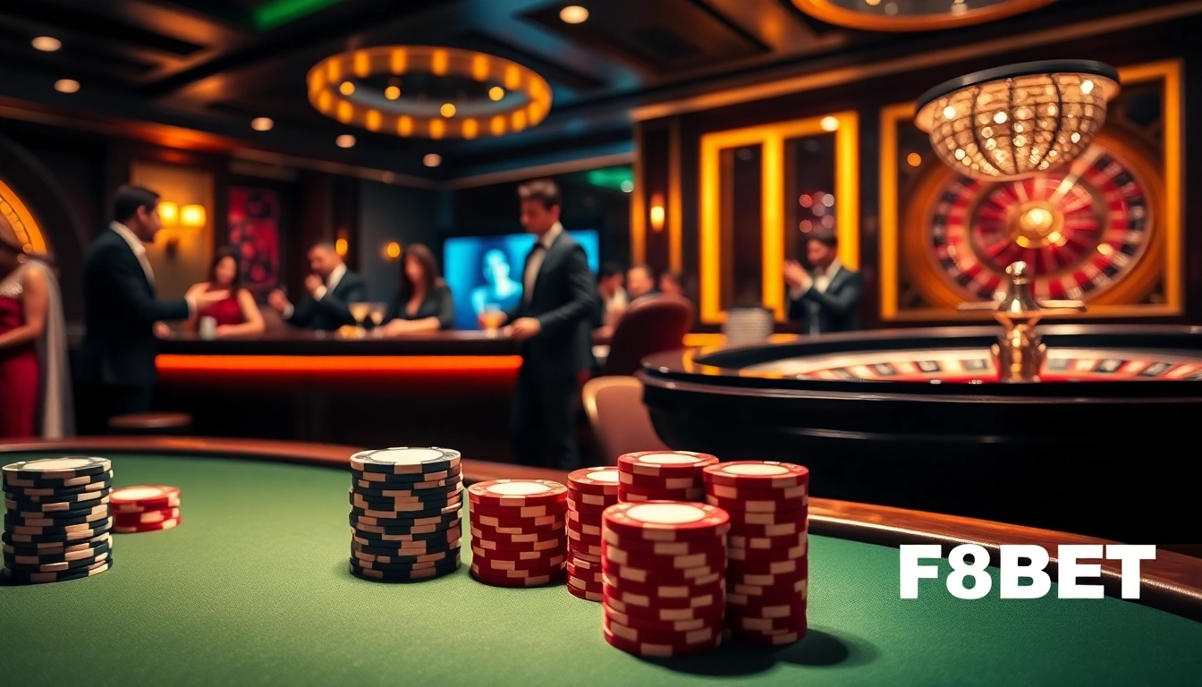 Exciting poker game at F8BET casino with vibrant chips and roulette.