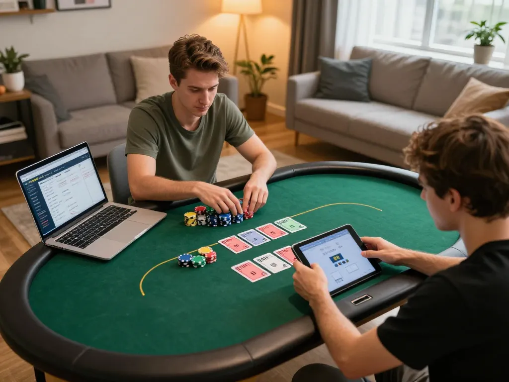 Player strategizing in an online poker game session with Go88 application on tablet.