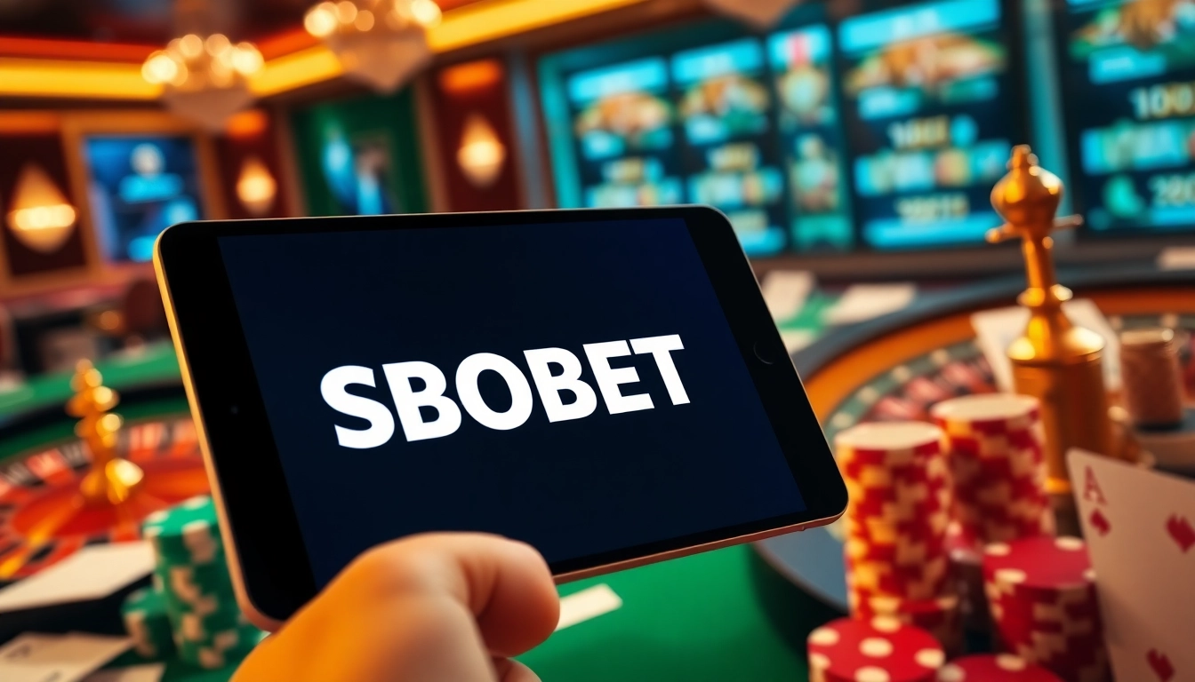 Experience thrilling bets with SBOBET link showcased on digital devices in a luxurious online casino environment.