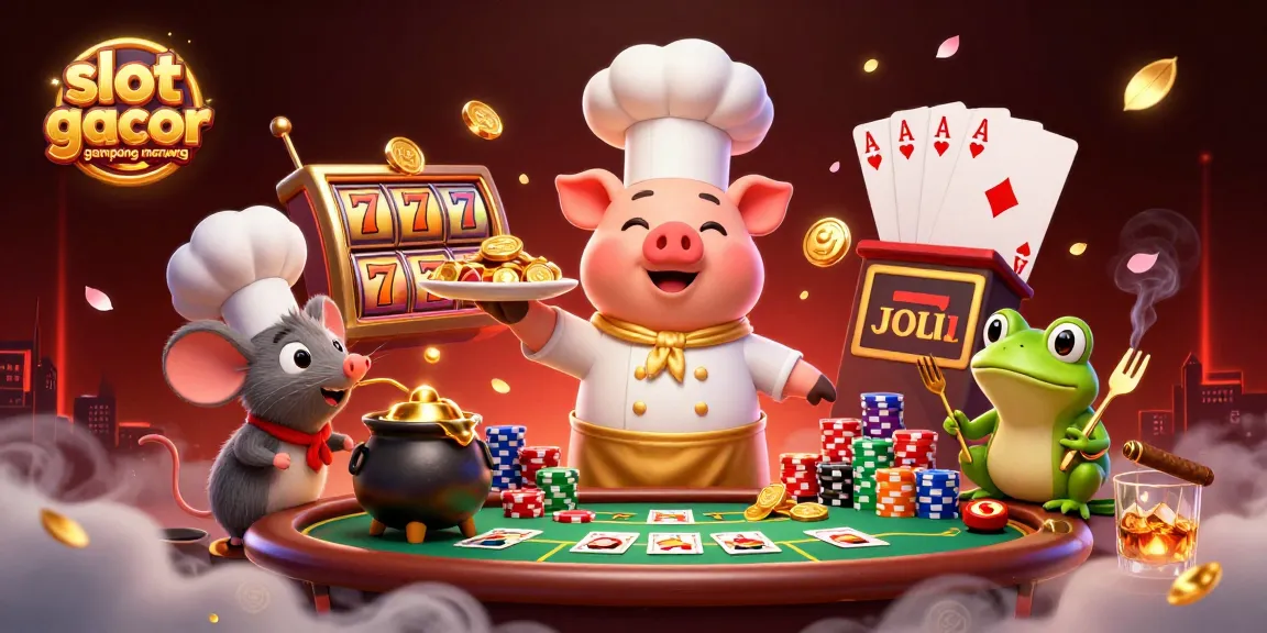 Experience slot gacor gampang menang with cartoon chef pig, sous-chef mouse, and food critic frog in an action-packed casino
