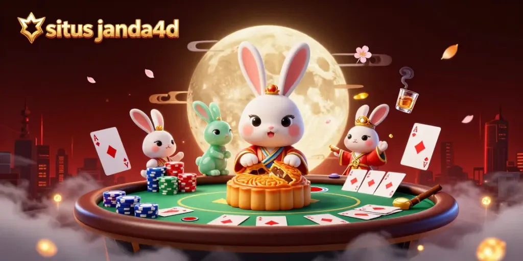 Situs janda4d menampilkan kelinci bulan yang memukul kue bulan sambil dikelilingi chip poker dalam suasana kasino yang kaya.