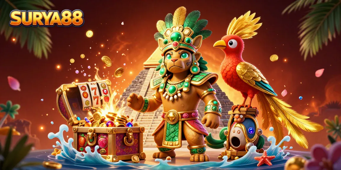 SURYA88 captures the excitement of slot games with vibrant characters and dynamic elements.