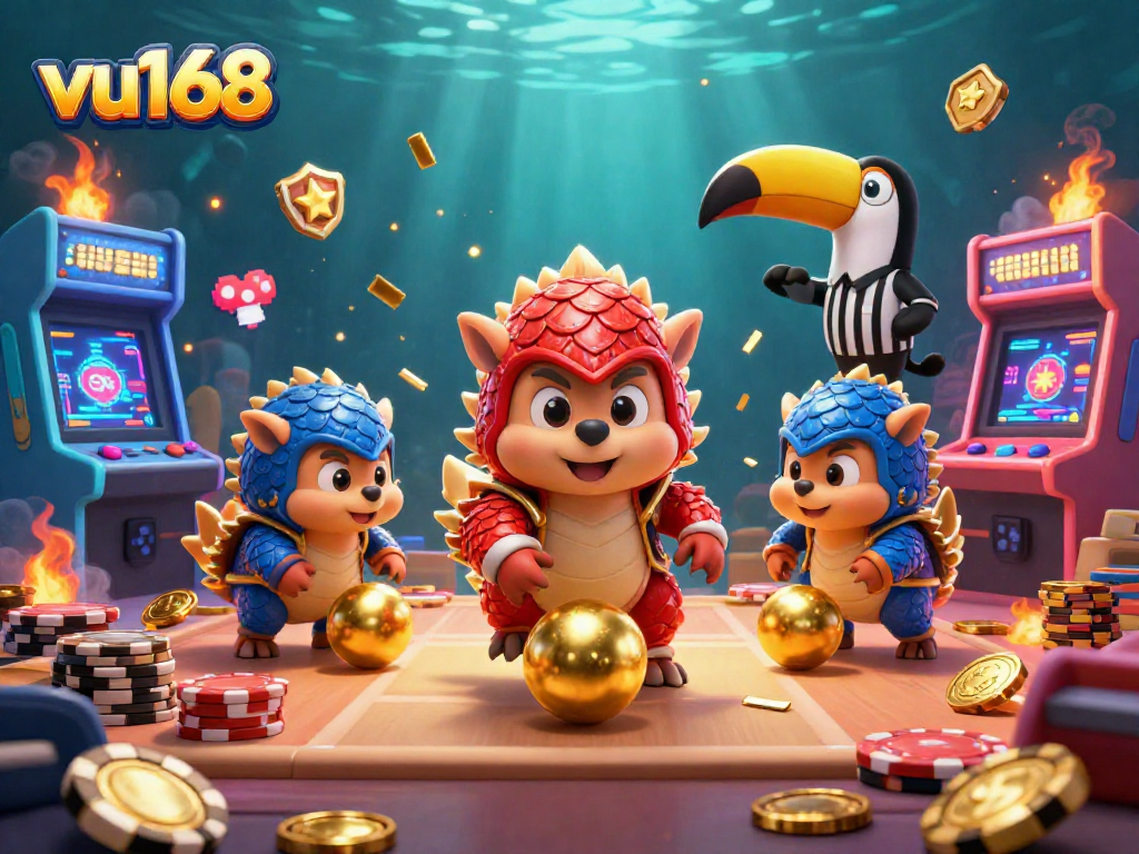 vu168 offers dynamic casino action as rival pangolins roll golden balls through poker chip stacks.