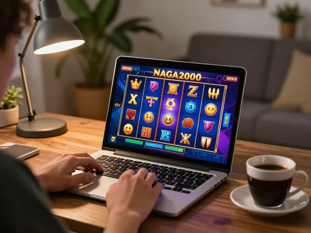 NAGA2000 player enjoying a relaxed online slot gaming session at home, immersed in vibrant graphics.
