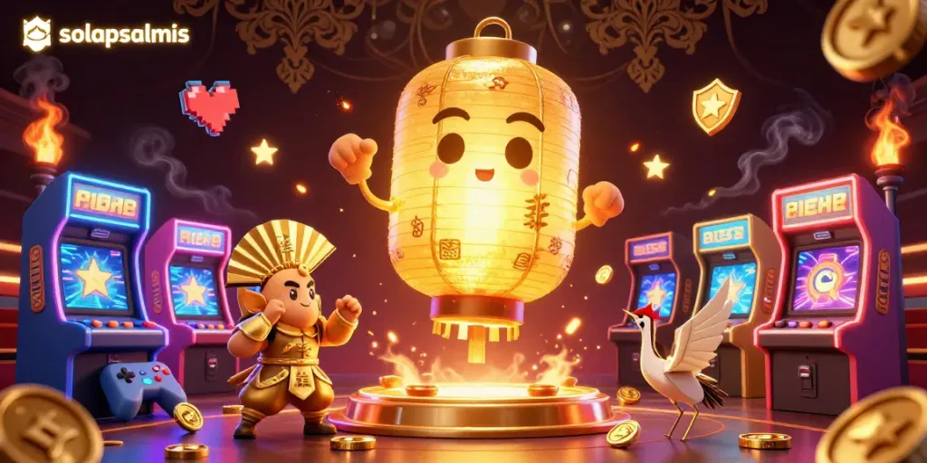 Spin the reels at solapsalmis with a festive casino scene featuring golden characters and game machines.