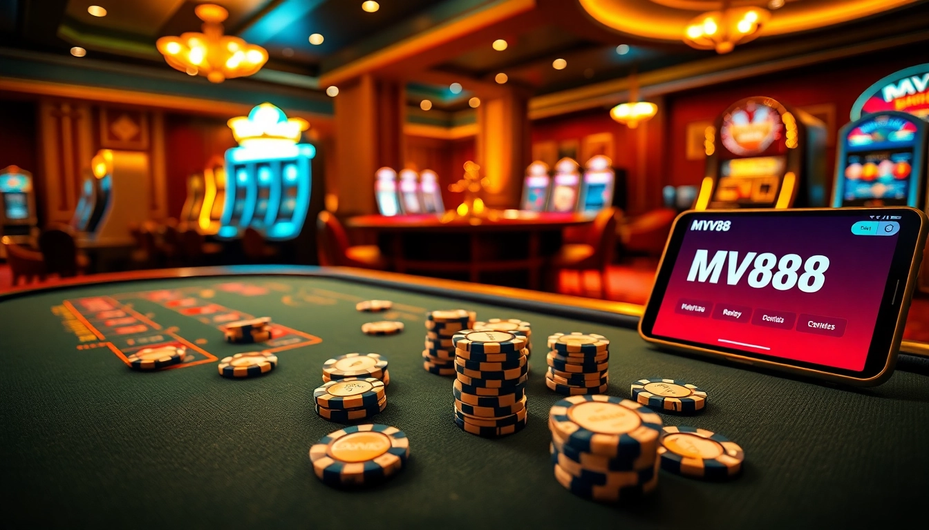Players enjoying a thrilling gambling experience on the MV88 platform at a luxurious casino table.