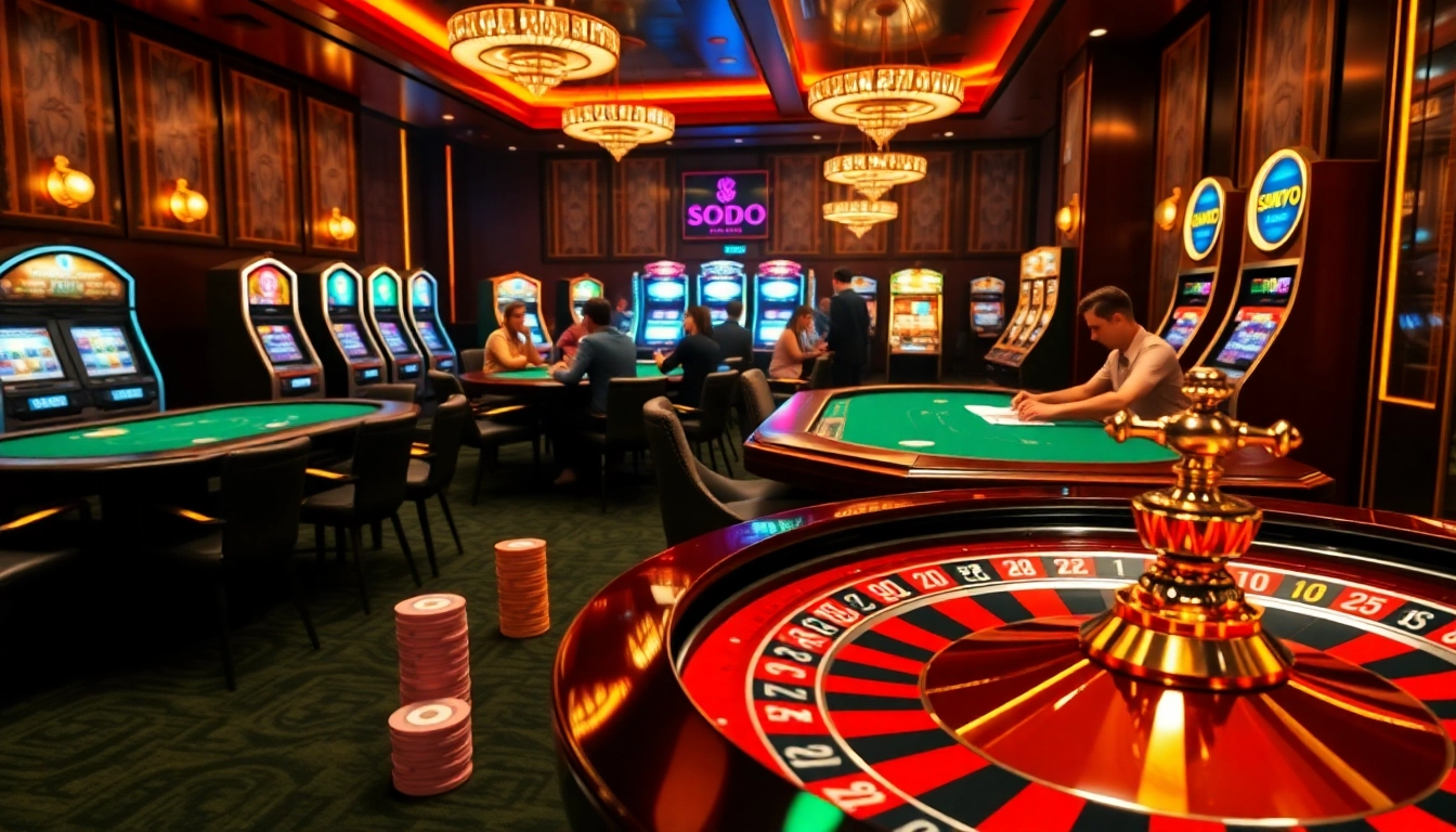 SODO-themed exciting casino gaming lounge featuring poker tables, colorful chips, and a roulette wheel.