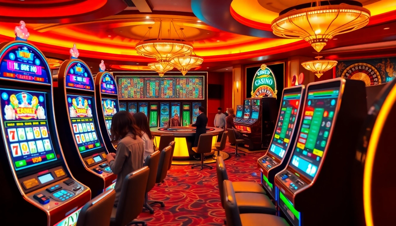 Experience thrilling slot online games with vibrant machines and excited players enjoying a luxurious casino.