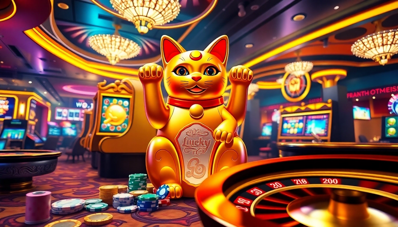 Spin the Lucky Neko slot machine for thrilling gameplay and big wins in this lively casino environment.