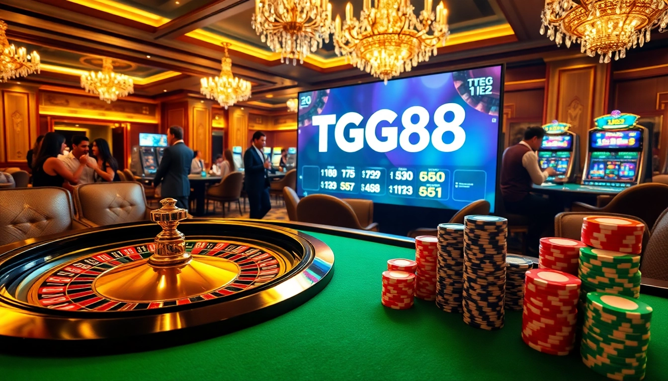 Experience the excitement of the TG88 casino gaming environment with vibrant tables, roulette wheels, and winning chips.