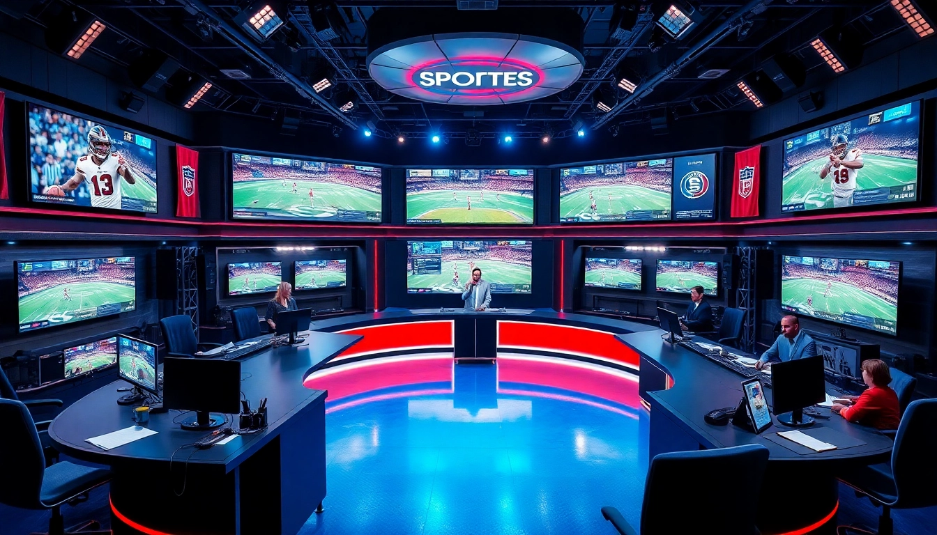 Engaging sports broadcasting scene with dynamic hosts and high-tech equipment.