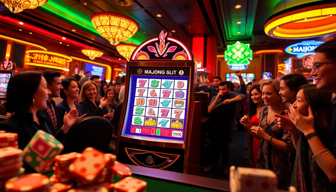 Excited players enjoying a mahjong slot machine in a luxurious casino setting.