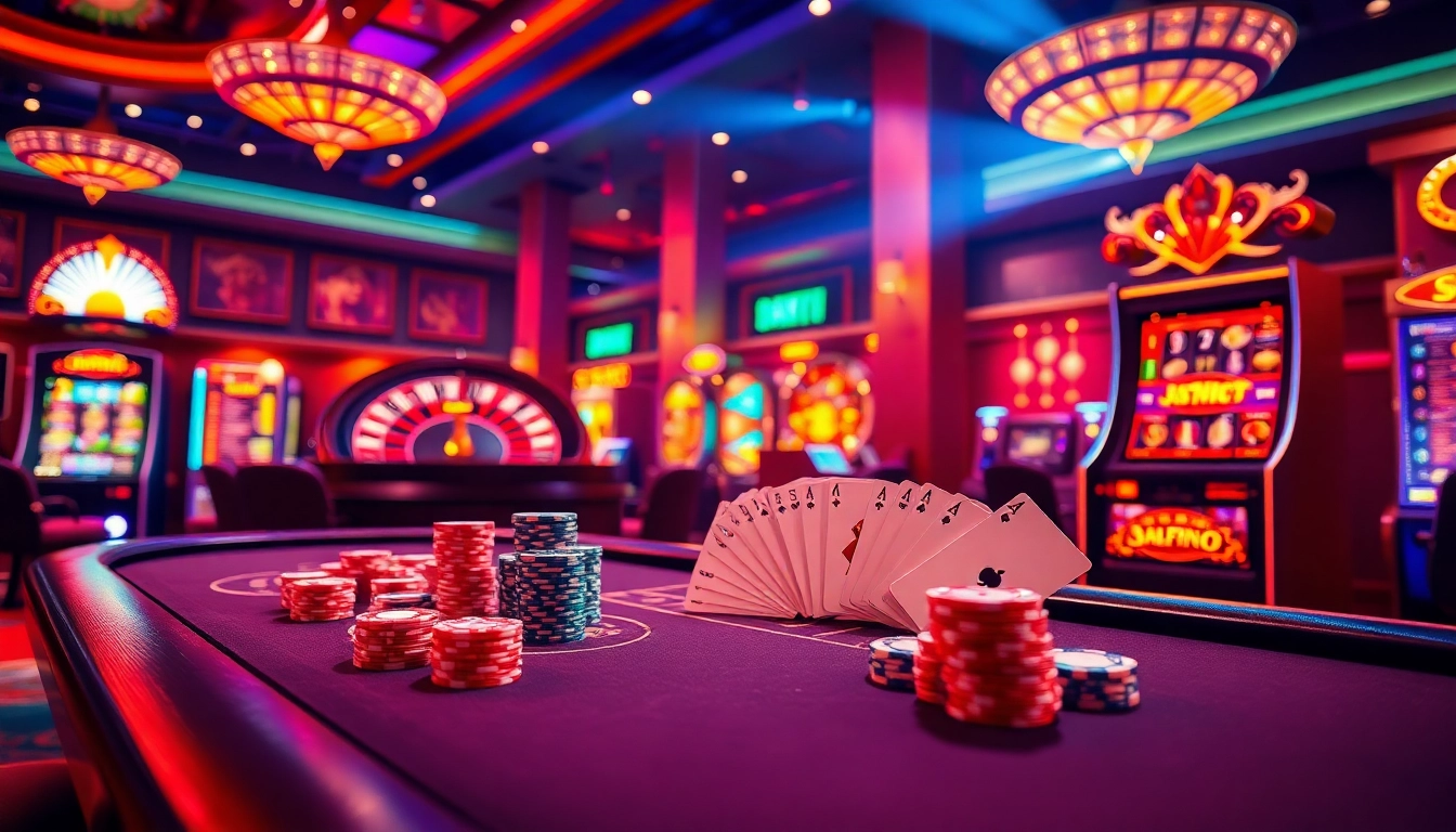 Visual representation of 99WIN online casino excitement with a poker table, roulette, and luxury ambiance.
