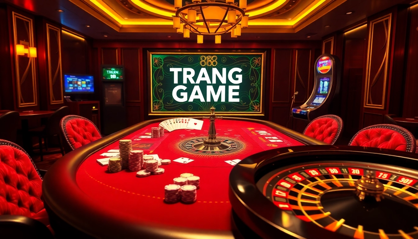 Experience the thrill of TRANG GAME B8 with vibrant casino visuals featuring poker chips and roulette.