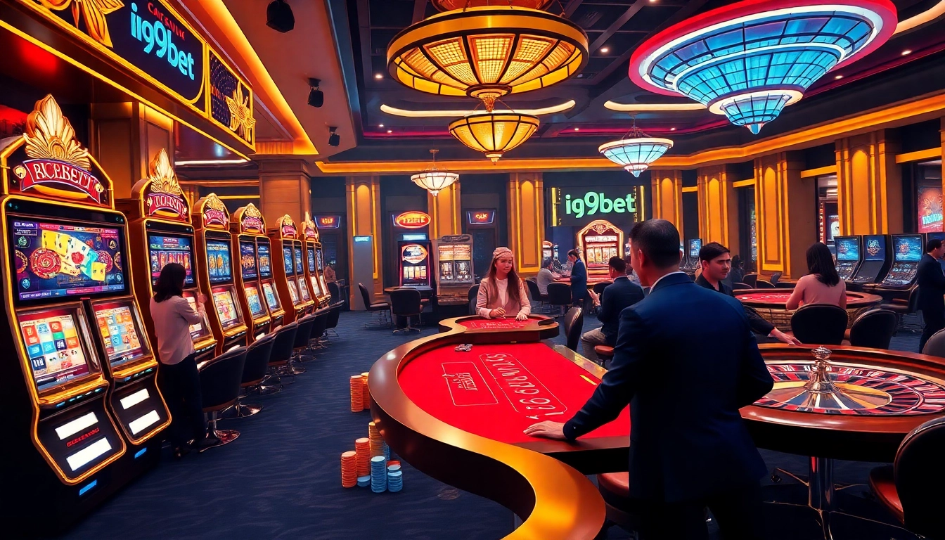 Players enjoy an exciting gaming experience at i9bet online casino with vibrant slot machines and poker chips.