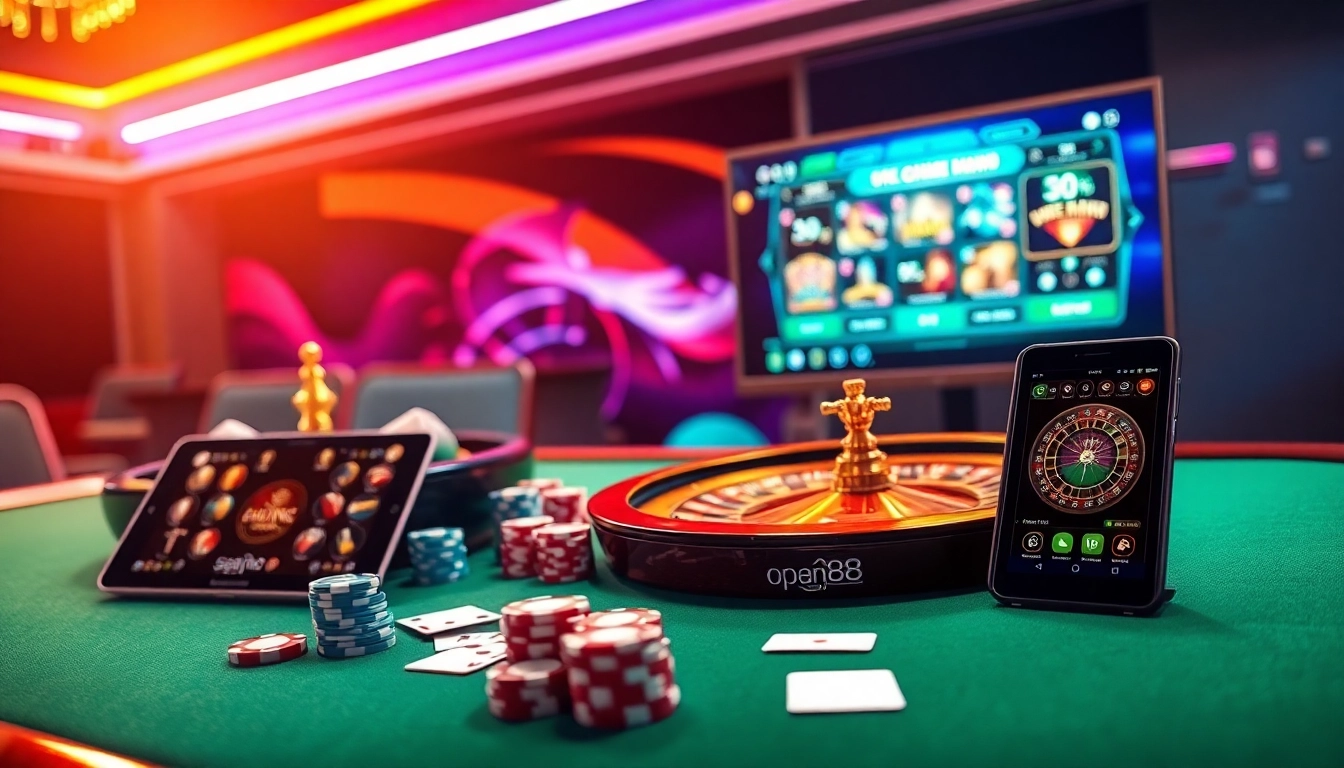 Experience the thrill at open88.mobi with a lively casino scene displaying vibrant games and engaging elements.
