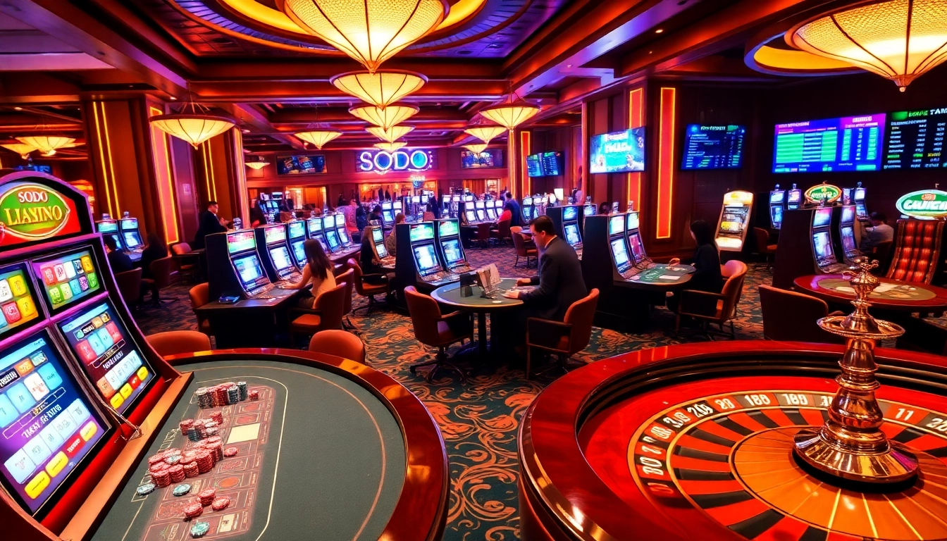 SODO CASINO vibrant scene with engaged players, casino tables, and lively slot machines.