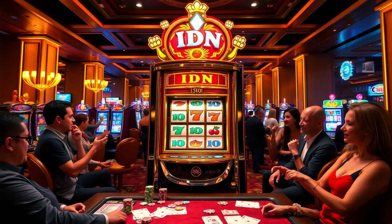 Spin the IDN slot machine in a vibrant casino atmosphere filled with excitement and anticipation.