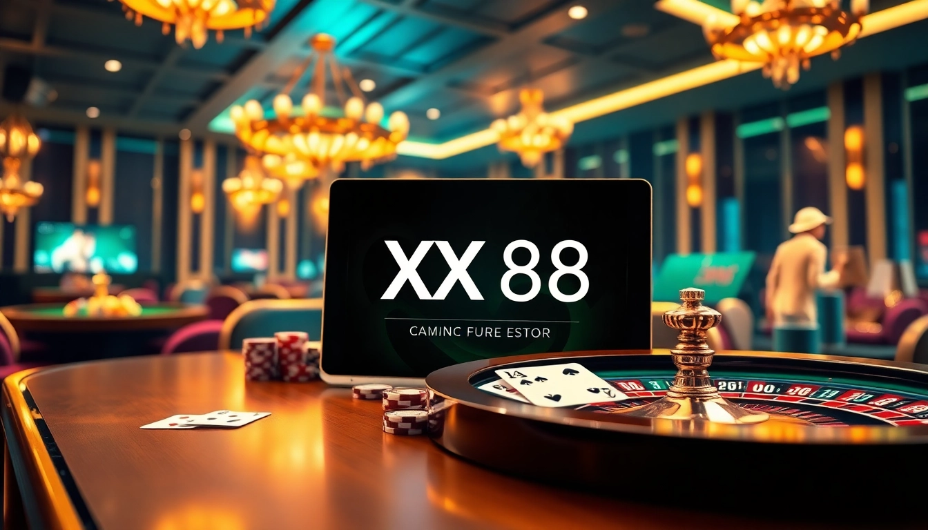 Experience the thrill of gambling with XX 88 in a luxurious online casino scene featuring poker chips and roulette.