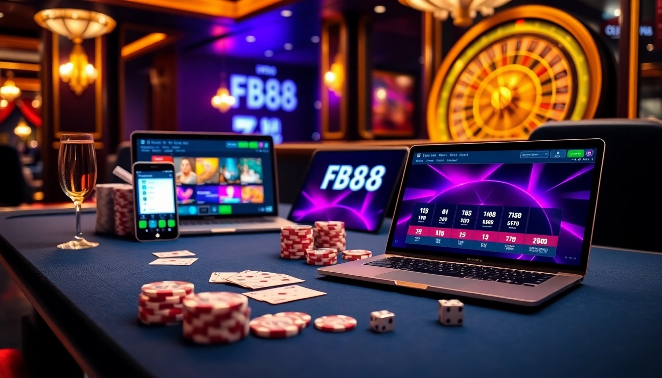Experience high-stakes gaming at FB88 with vibrant casino elements and modern technology.